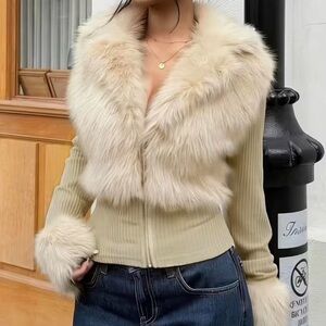 Women's Cream Faux Fur Trim Zip Jacket